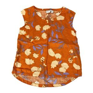 Rachell Zoe 100% Linen Women Top Small Rust/Brown Floral Shirt Flutter Sleeve